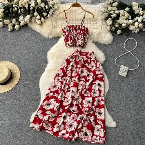 2026 Urlaubs-Blumendruck, zweiteilige Anzüge, Reißverschluss-Design, schmales Tank-Top + A-Linie, langer Rock, Vintage-Böhmische Strand-Sets