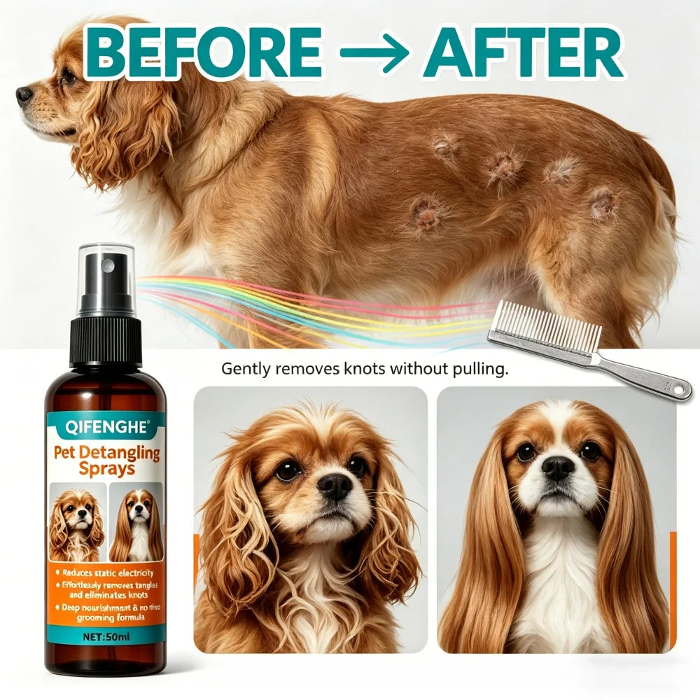 QIFENGHE 50ml Entwirrungsspray für Haustiere, Leave-In Conditioner für Hunde & Katzen, Reduziert Statische Aufladung & Beseitigt Knoten, Pflegespray ohne Ausspülen