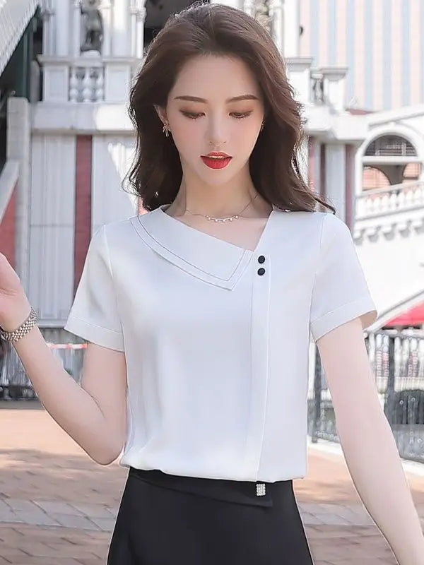 Frauen Frühling Sommer Stil Chiffon Blusen Shirts Dame Casual Asymmetrische Kragen Kurzarm Chiffon Blusas Tops DF4028