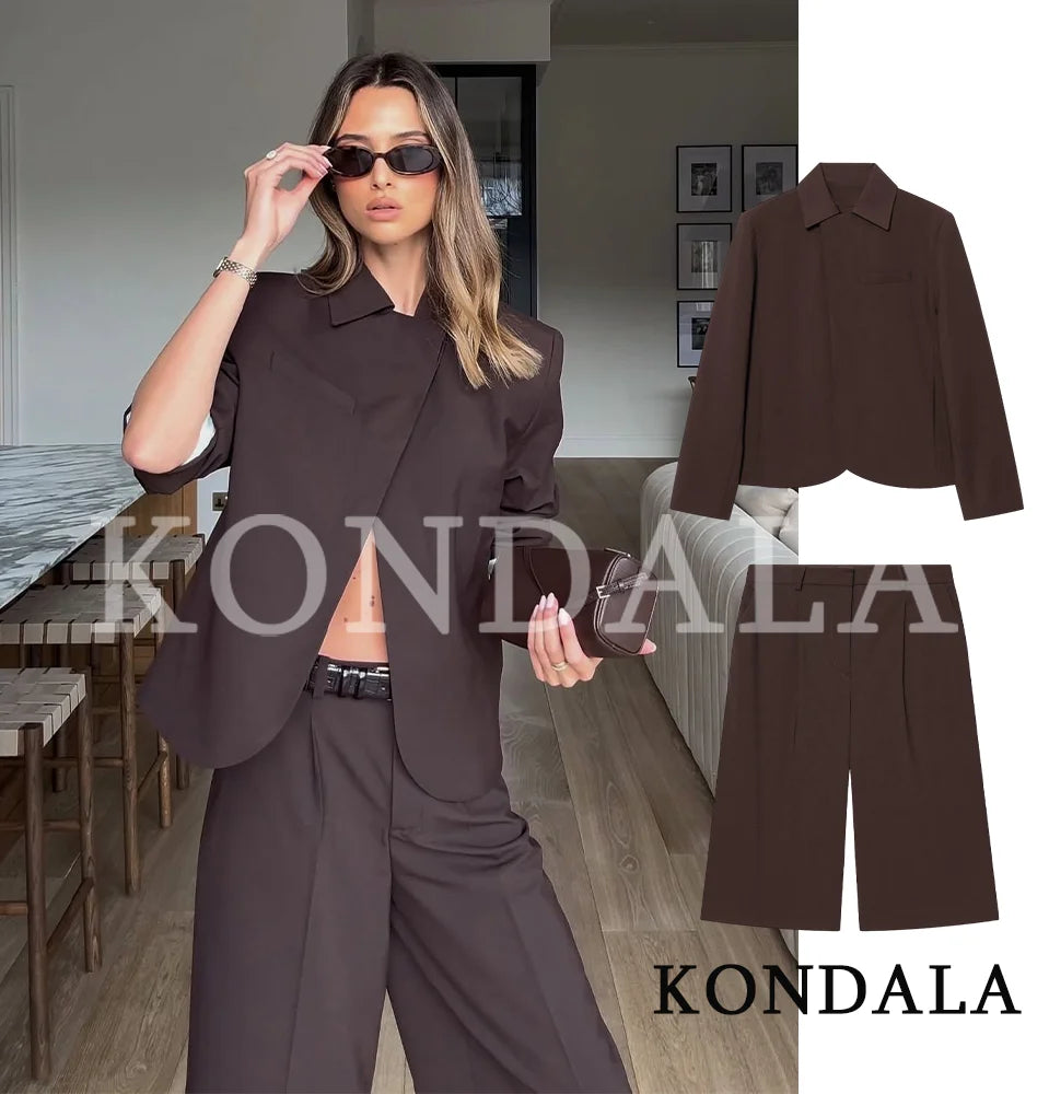 KONDALA Trendiges Pendler-Blazer-Shorts-Set für Damen Eleganter Brauner Blazer, Cropped-Hose 2026 Frühling Sommer Schickes High-Street-Hosen-Set