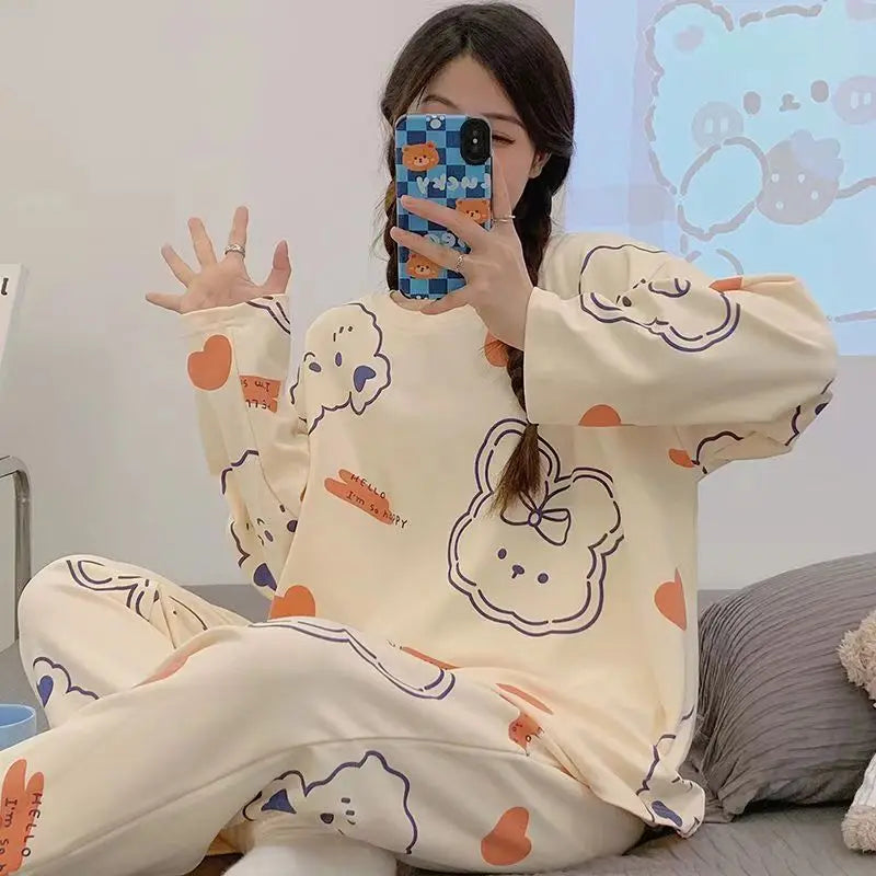 Damen-Pyjama im neuen Frühlings- und Herbststil, künstlerischer Langarm-Pullover in Übergröße, Cartoon-, Herbst- und Winter-dünne Homewear