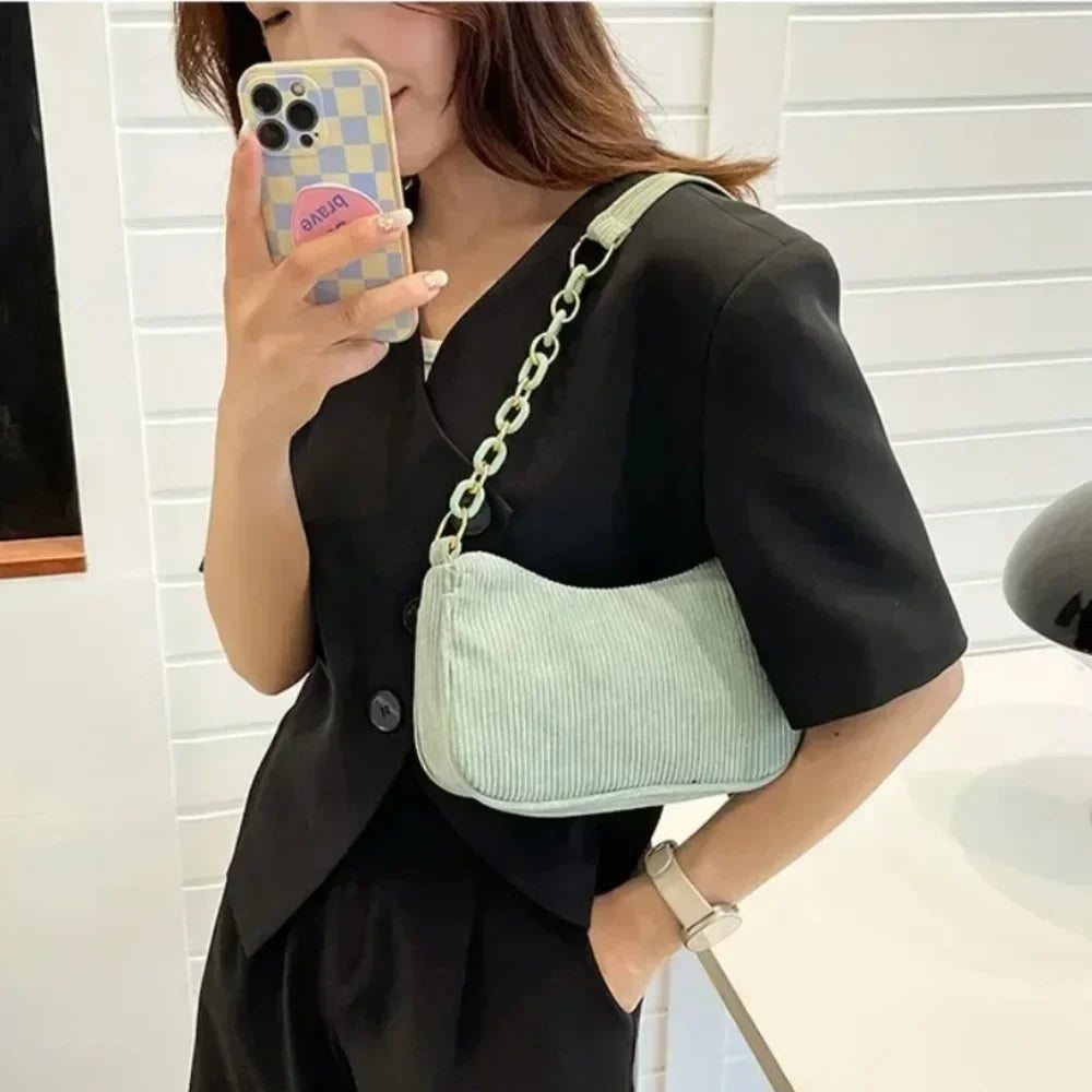 1PC Mode Vintage frauen Handtaschen Cord Unterarm Tasche Casual Frauen Schulter Taschen Einfarbig Zipper Weibliche Handtasche Kupplung
