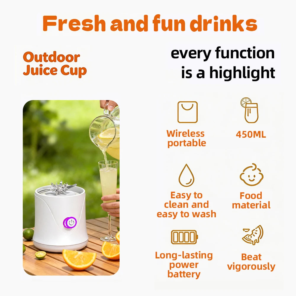 Tragbarer Fruchtentsafter, Mini-Mixer, 450 ml, elektrischer Saftbecher, 12 Klingen, wiederaufladbarer Mixer für Shakes und Smoothies, Eiszerkleinerer