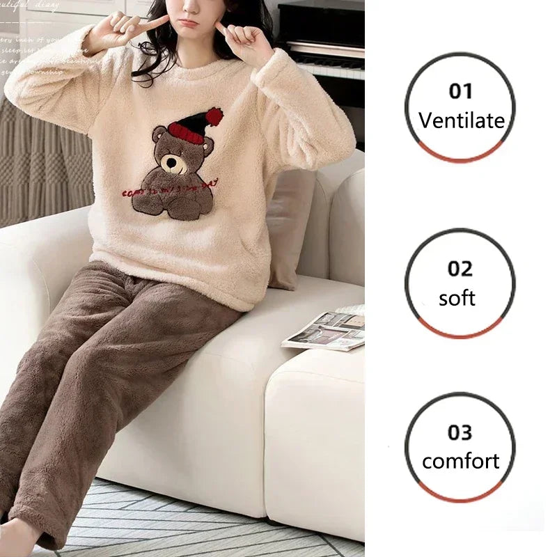 2-teiliges Set, verdicktes Langarm-Hosenset, Paar-Loungewear, Damen-Flanell, Cartoon-Bär, grau, zweiteiliges Set, Nachtwäsche, Homewear