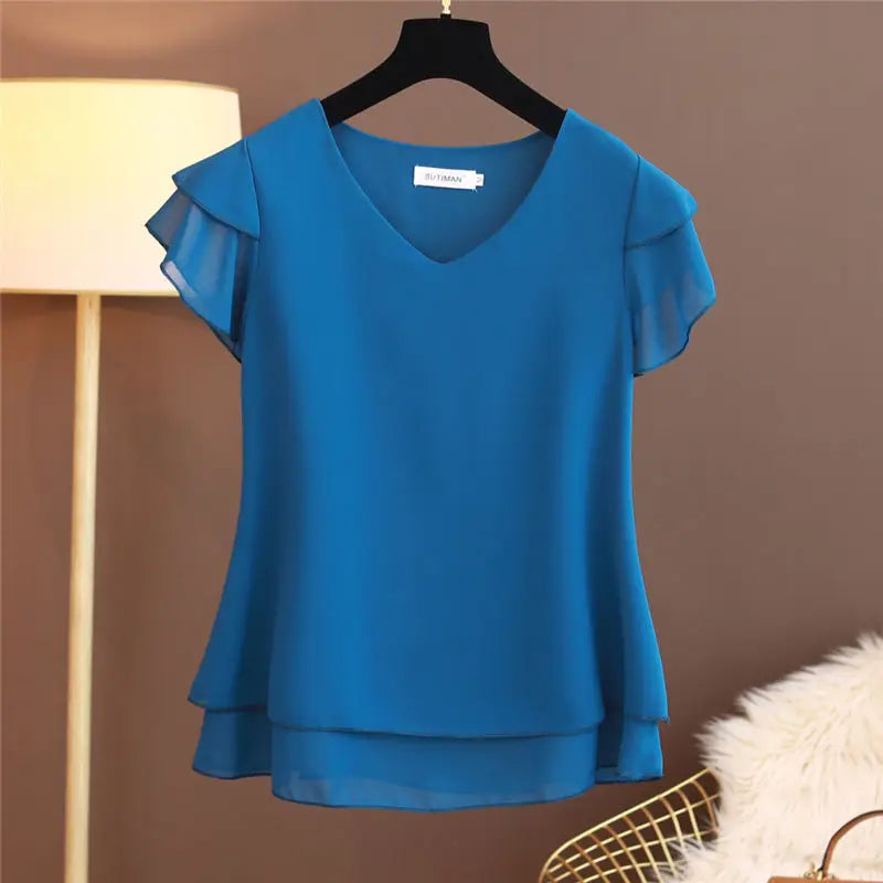 2026 sommer Neue Frauen Bluse V-ausschnitt Chiffon Hemd Lose Weibliche Kurzarm Bluse Übergroßen Shirts Frauen Tops Blusas Mujer De