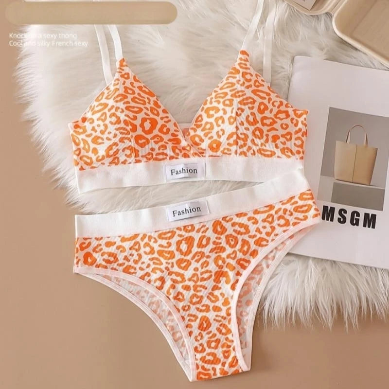 Frauen V-ausschnitt Bh Und Höschen Set Niedrige Taille Höschen Weibliche Sexy Dessous Set Leopard Print Baumwolle Bh Sport Unterwäsche Set