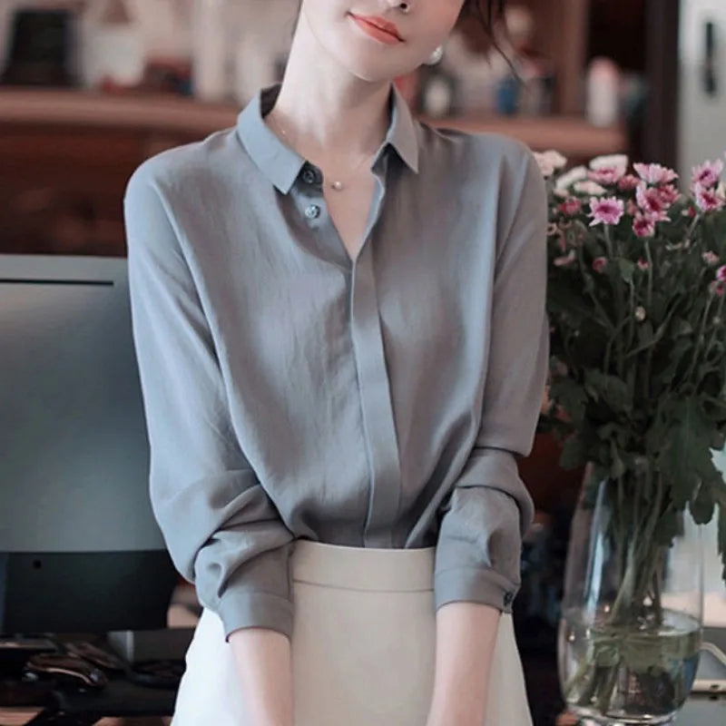 Frauen Frühling Herbst Stil Blusen Hemden Dame lässig Langarm Turn-Down-Kragen einfarbige Blusas Tops wy1038