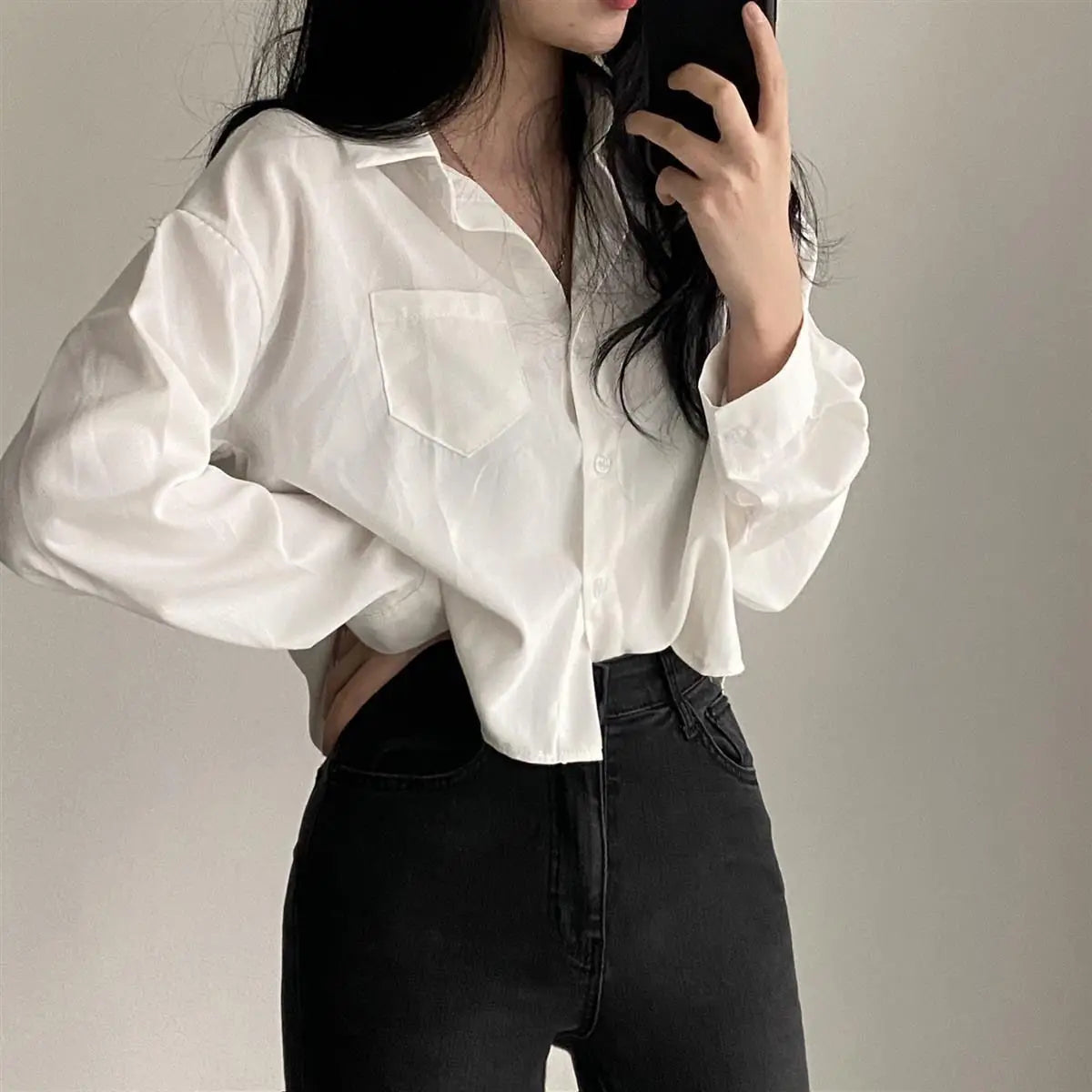 Übergroßes Seidenhemd für Damen Bürokleidung Satin-Bluse Dezenter Luxus-Top Locker Sitzende Knopfleiste Elegante Lässige Langarm-Blusen