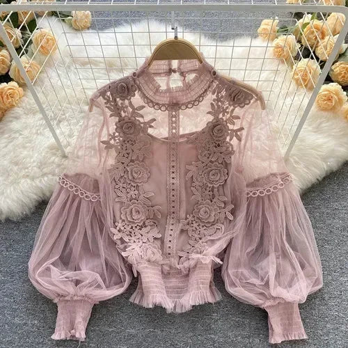 Spitze Puff Langarm Bluse Vintage-Mode Blusen Elegante Femme Blusas Koreanische Frau Tops Frauen Shirts Kleidung Dropshipping
