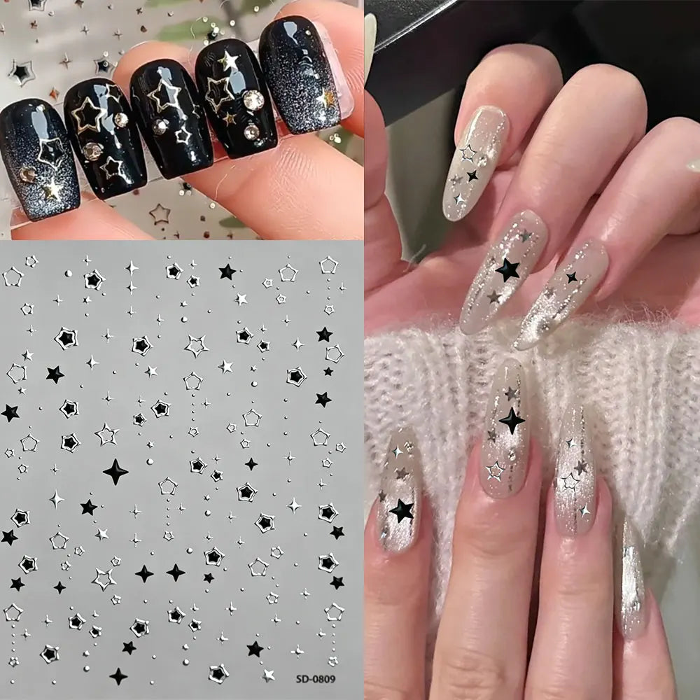 1 Stück 5D schwarze und silberne Stern-Nagelaufkleber Y2K hohler fünfzackiger Stern selbstklebende Nagelaufkleber Stern DIY Maniküre-Dekorationen11