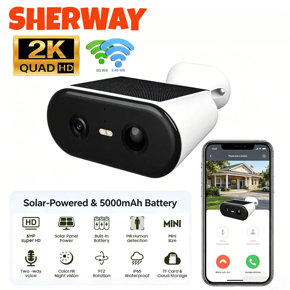 2K Solar-Überwachungskamera für den Außenbereich, kabellos, 2,4 G und 5 GHz, WLAN-IP-Kamera, 5 MP HD, integrierter Akku, Videoüberwachung, lange Standby-Zeit