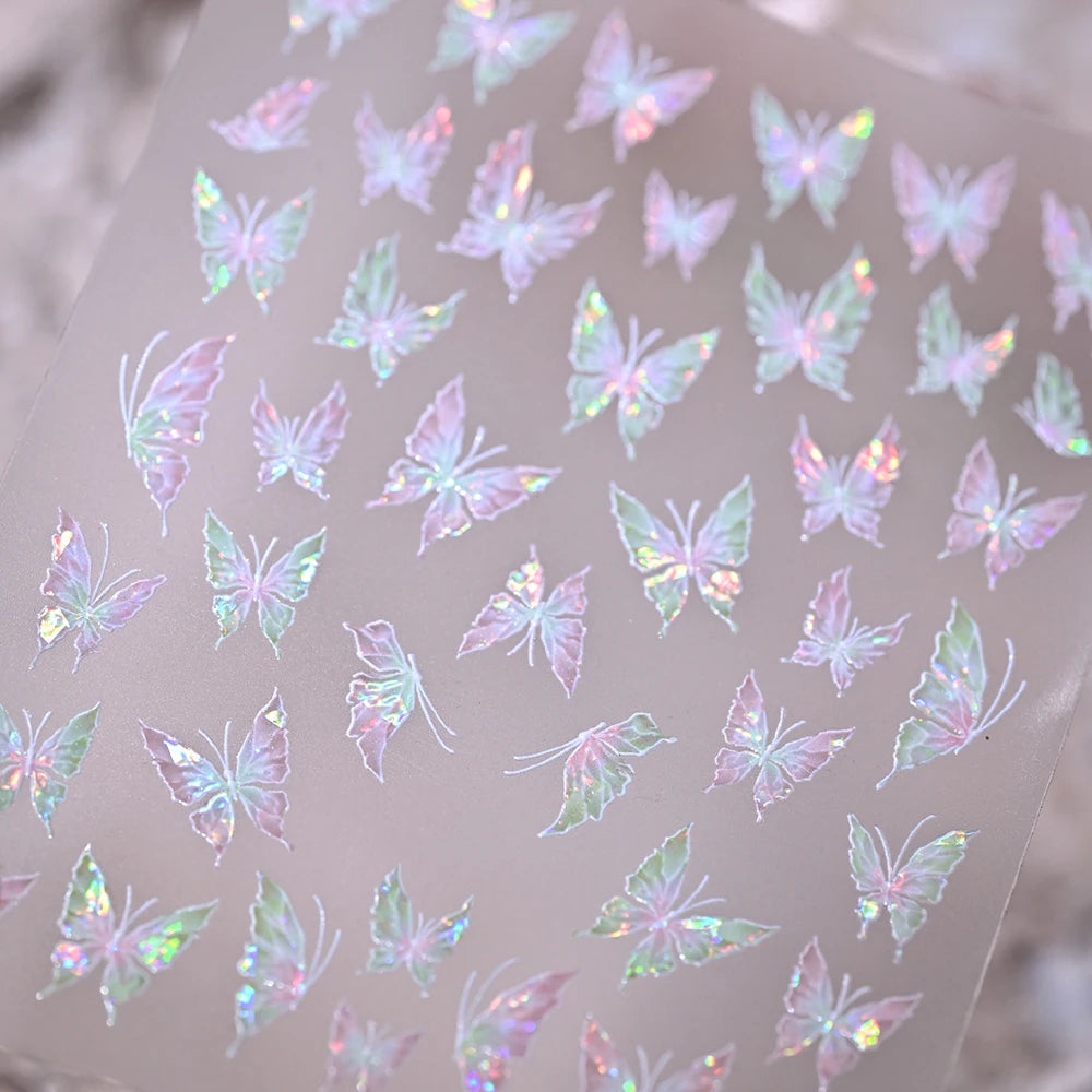 1 Stück 5D Aurora Schmetterling Blumen Nagelaufkleber Muschel-Licht Selbstklebende Nagelsticker für Sommer Frühling DIY Maniküre & Geschenke