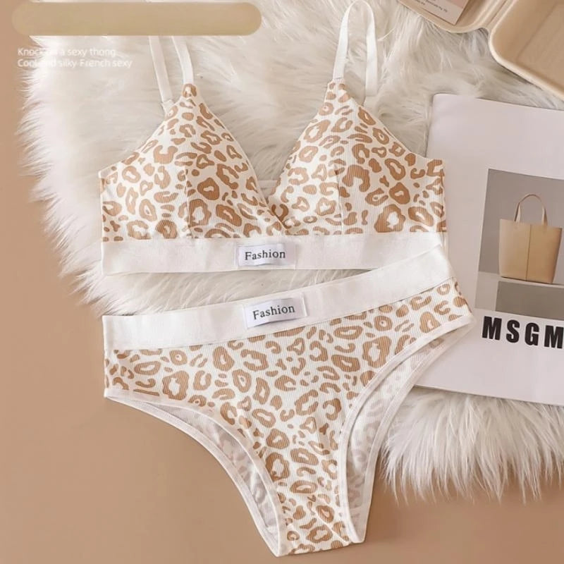 Frauen Push-Up-Bh Und Höschen Set V-ausschnitt Nicht-draht Bh Niedrige Taille Slips Weibliche Sexy Dessous Baumwolle Leopard print Unterwäsche Set