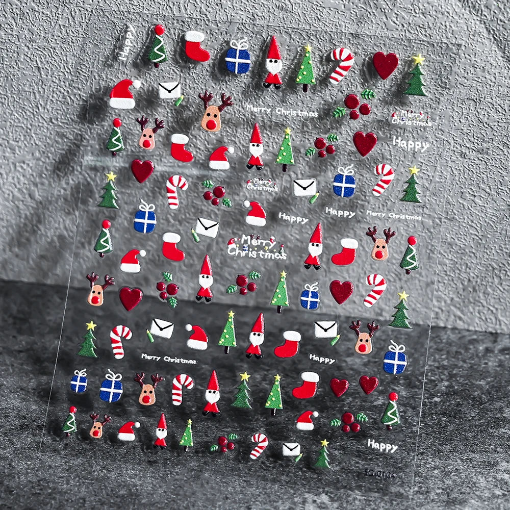 1 stücke 3D Weihnachten Santa Claus Schneeflocke Nagel Aufkleber Winter Weihnachten Nette Cartoon Schneemann Bär Elch Nagel Aufkleber Weihnachten Nagel decora