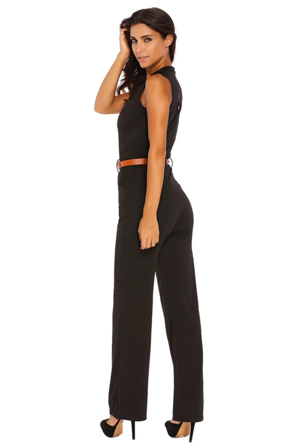 Damen Sommer-Jumpsuit Ärmellos Tiefer V-Ausschnitt Weites Bein Jumpsuit Romper Mit Gürtel