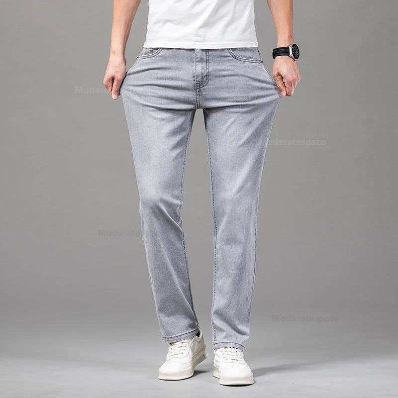 Sommer Dünne männer Baumwolle Jeans Neue Mode Grau Elastische Gerade Business Casual Hosen Bequeme Marke Hosen