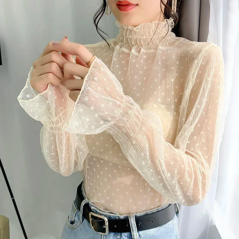 Elegante Damen-Bluse mit Hohem Kragen und Polka Dots, Mesh-Spitzenbesatz, Puffärmel, Schlanke Passform, Büro-Damenmode, Tägliche Oberteile