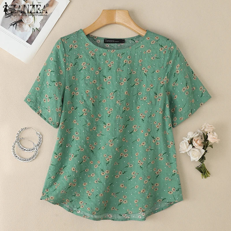 2026 ZANZEA Sommer Bedruckte Bluse Damen Lässige Halbarm-Blumen-Tunika-Oberteile O-Ausschnitt Arbeitshemd Bohemian Loose Fit Urlaubsblusen