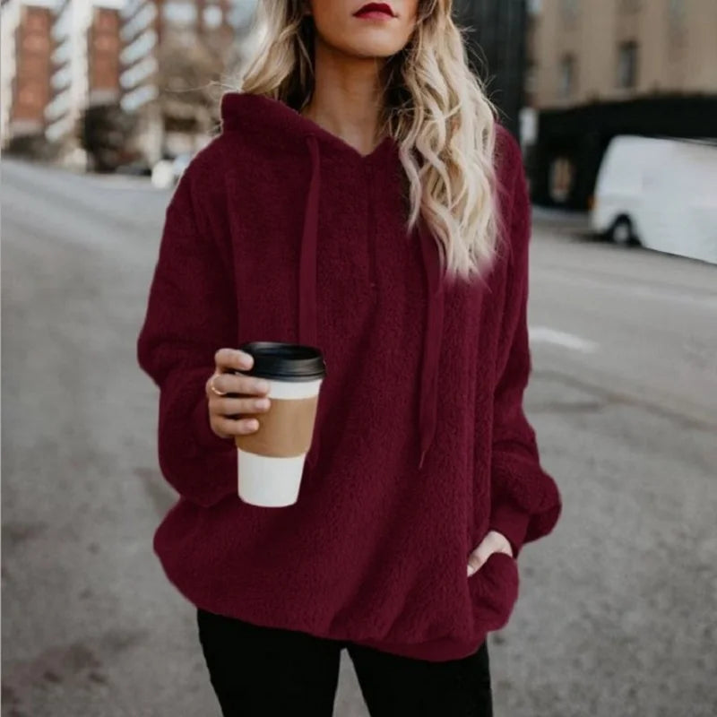 Modischer Trend, langärmelig, mit Kapuze, einfarbig, Damen-Pullover-Mantel