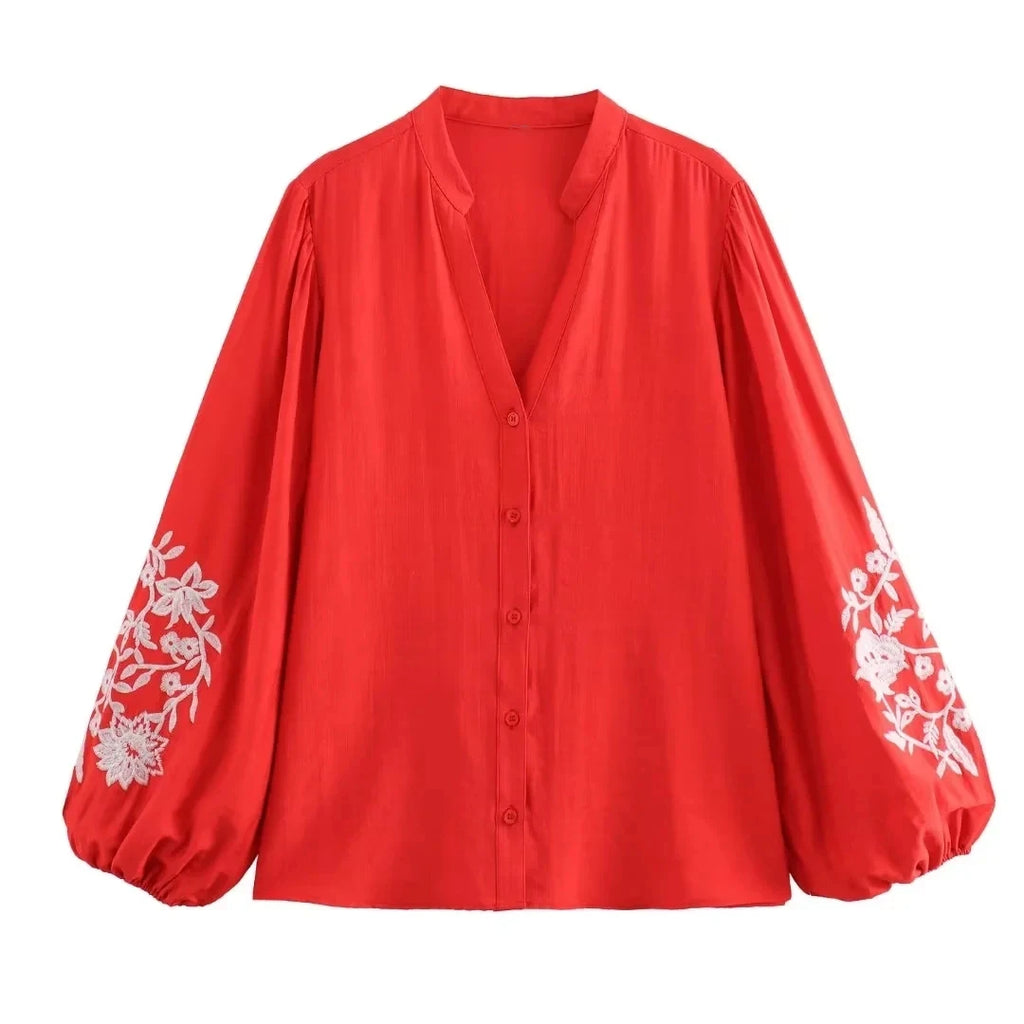 HH Damen Mode Bluse mit Blumenstickerei, Lässiger V-Ausschnitt, Langarm-Shirt, Streetwear, Rote Oberteile, Y2K-Top