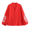 HH Damen Mode Bluse mit Blumenstickerei, Lässiger V-Ausschnitt, Langarm-Shirt, Streetwear, Rote Oberteile, Y2K-Top