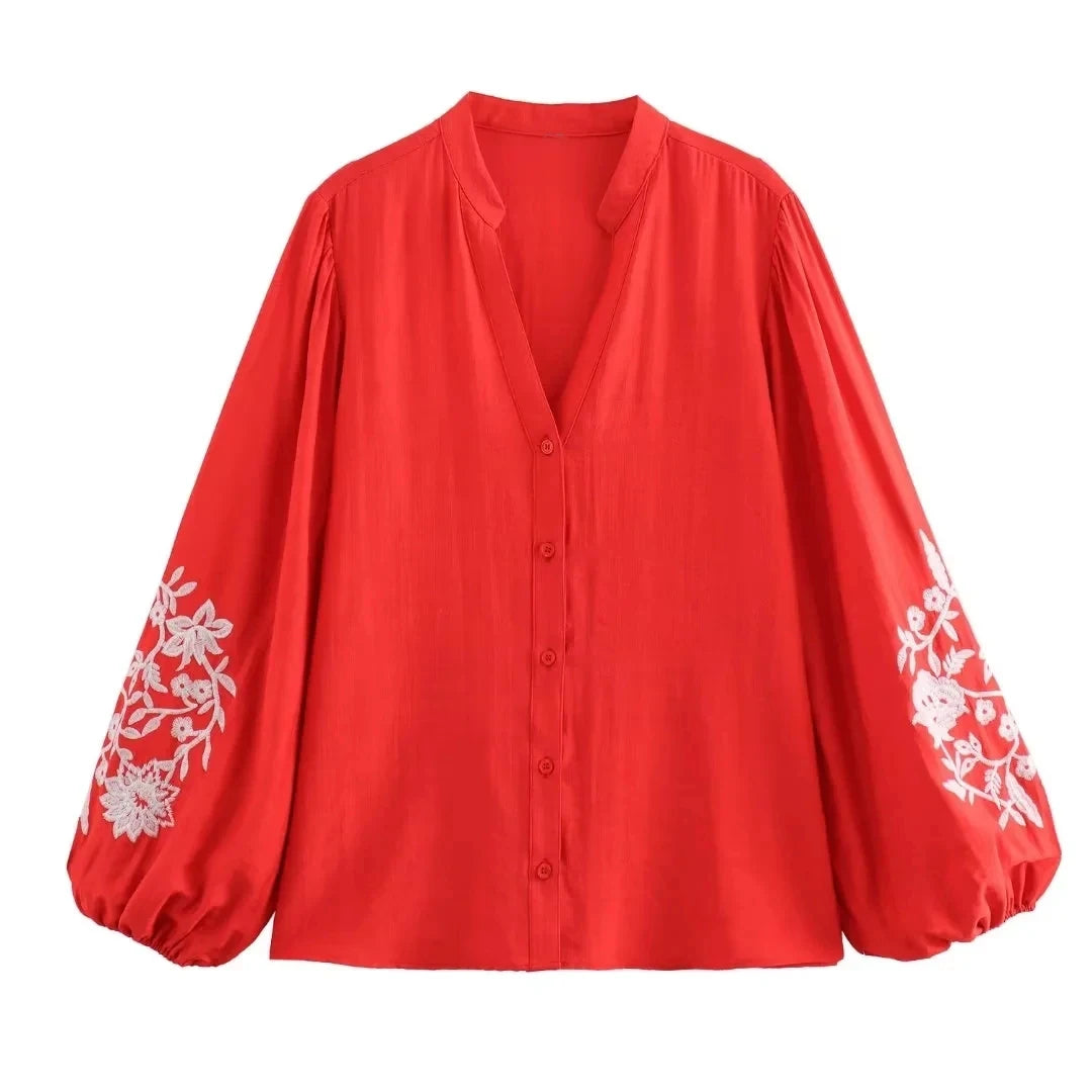 HH Damen Mode Bluse mit Blumenstickerei, Lässiger V-Ausschnitt, Langarm-Shirt, Streetwear, Rote Oberteile, Y2K-Top