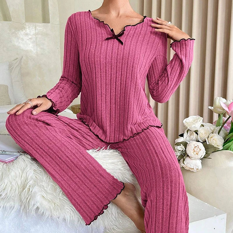 Damen-Herbst-Winter-Nachtwäsche, geripptes Pyjama-Set, langärmliges Oberteil und lange Hose, 2-teiliges Set, lässige Homewear, Loungewear