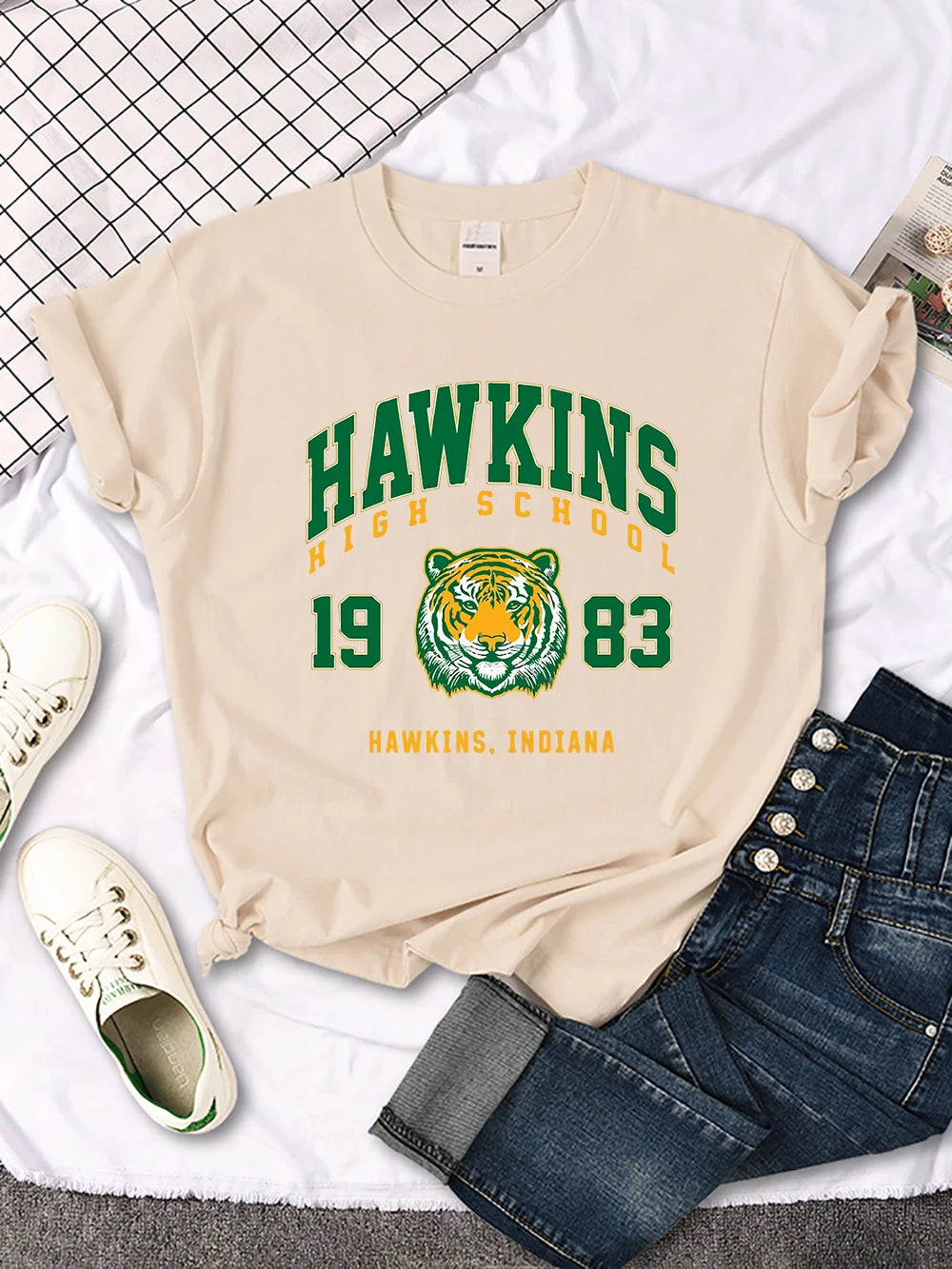 Hawkins High School 1983, bedrucktes Damen-T-Shirt, neue Harajuku-T-Shirts, Street-Fashion, Streetwear, lässige Rundhalsausschnitt-Kleidung