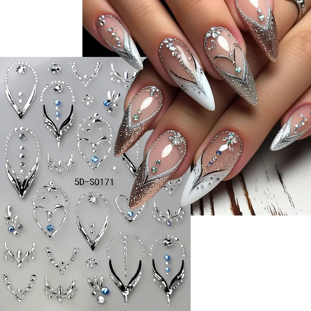 5D Laser French Silver Nagelaufkleber mit glänzenden Diamanten, Herz-/V-förmige Laser-Nagelkunst-Sticker, selbstklebende Maniküre-Dekoration