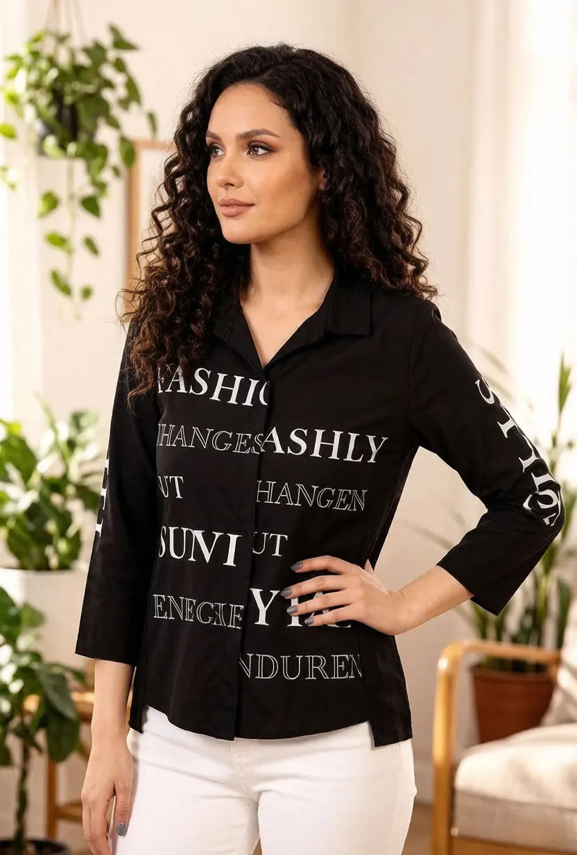 Damen Oversize-Bluse mit Buchstabenprint, schwarzes Revers-Langarmhemd mit Knopfleiste, lockeres, elegantes Oberteil