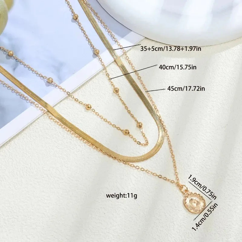 Vintage Mehrschichtige Sonnenscheiben-Anhänger Halsketten für Frauen und Mädchen, Edelstahl Dreischichtige Schlangenkette Halskette Schmuck Geschenke