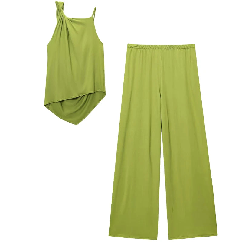 HXAO Grüne Hosen-Sets für Damen, zweiteiliges Set, gerüschtes, asymmetrisches Slip-Top, Anzug-Outfit, schickes, drapiertes Hosen-Set mit hoher Taille und weitem Bein