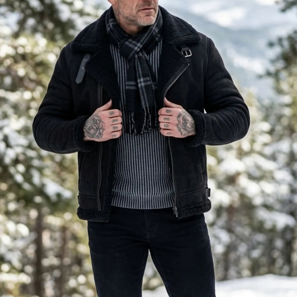 Herren-Winterjacke aus Kunstwildleder mit Fellkragen |   Winddichter Streetwear-Mantel mit Gürtel und Reißverschluss |   Dicke, warme Wanderkleidung für den Außenbereich, weich, für Herren