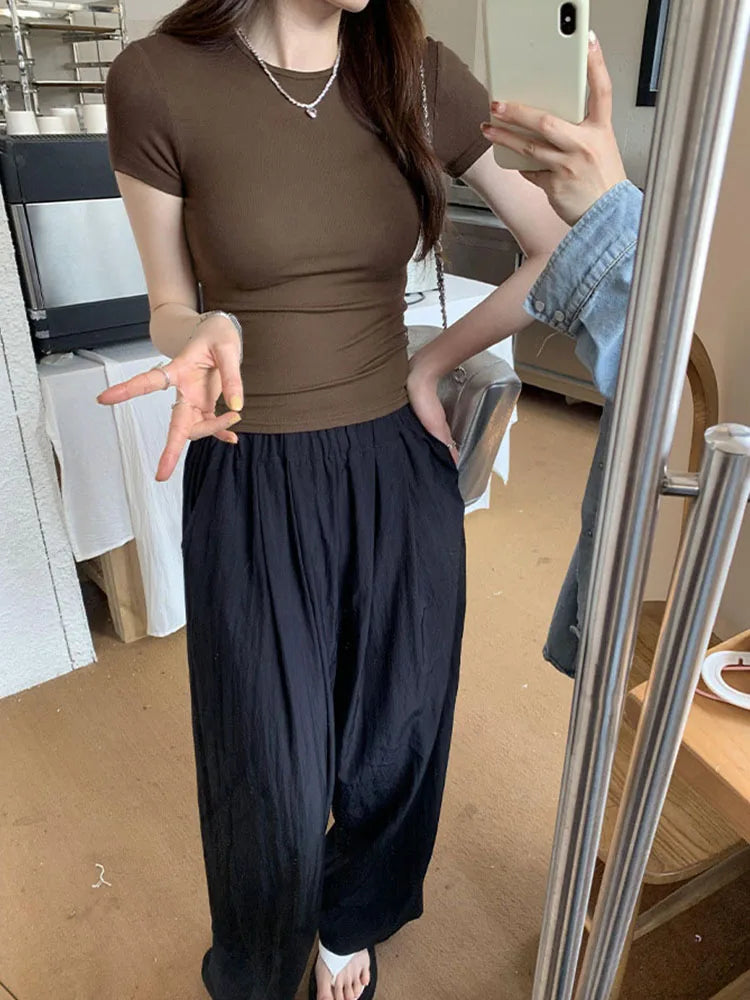 Damen Basic Solid Crop Top Kurzarm Rundhals Skinny T-Shirt Sommer Casual Y2K Vintage Harajuku Streetwear