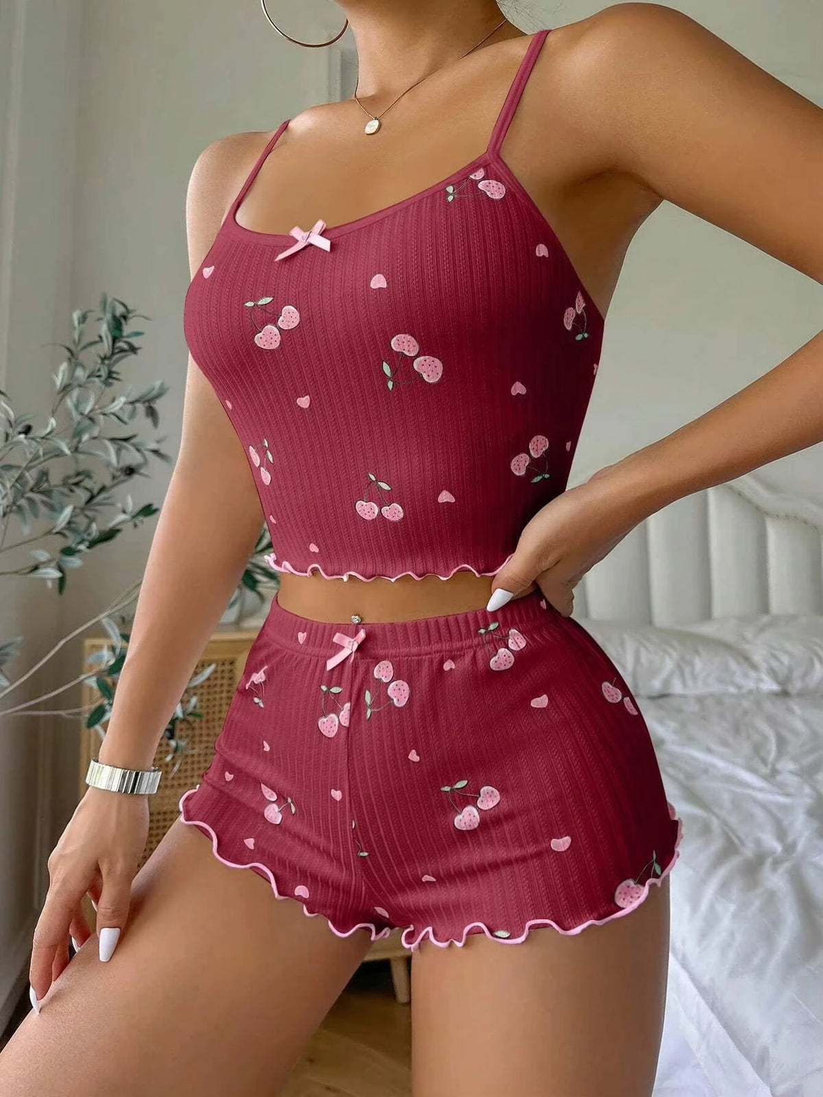 Nachtwäsche Damen Sommer Pyjama Set Herz Druck Sexy Gerippte Schleife Dekor Rundhals Rückenfrei Crop Cami Top & Shorts Nachtwäsche