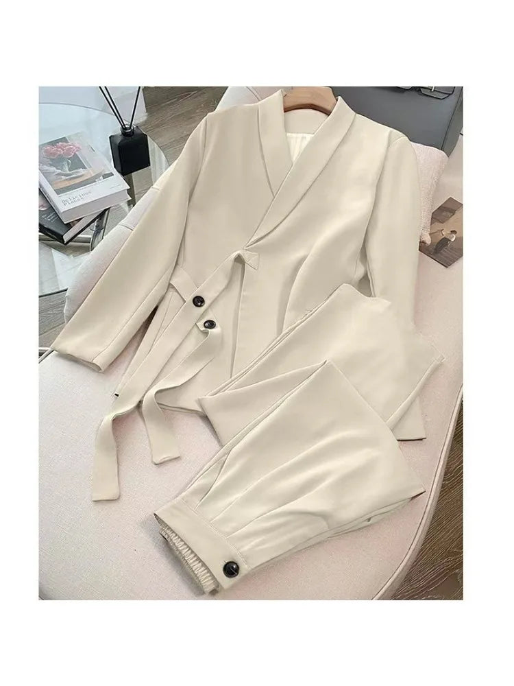Damen Koreanische Mode Langarm-Blazer und Weite Hosen Zweiteiler Set Büro Casual Locker Sitzende Frühling Herbst Anzüge