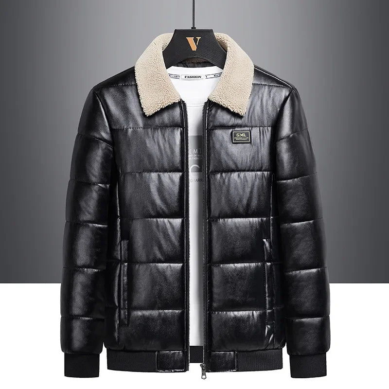 Lammfellkragen, verdickte, mit Fleece gefütterte Baumwolljacke, Business-Casual-Ledermantel für Herren, Winter, warm, stilvoll, Herren-Oberbekleidung