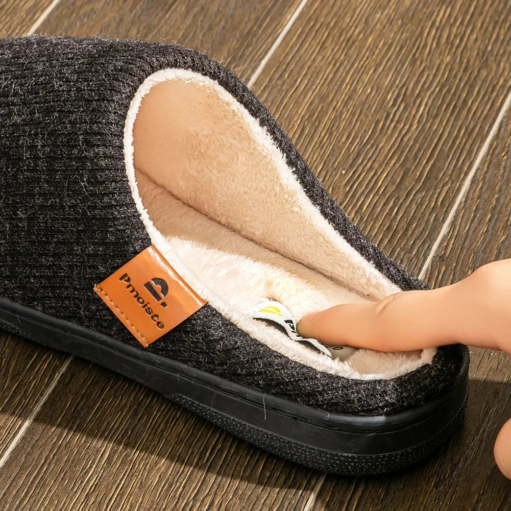 Memory Foam Cushion Hausschuhe Herren Wildleder TPR Sohle Plattform Warm Weich Rutschfest Streifen Bequeme Innenschuhe Gestrickt
