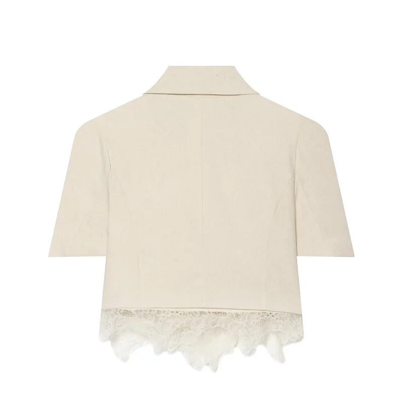 MUJER Spitzen-Damenblazer Anzug Kurzarm Casual Blazer Damen Sommer Crop-Blazer Damen Streetwear Mäntel Sets Damen 2-teilig