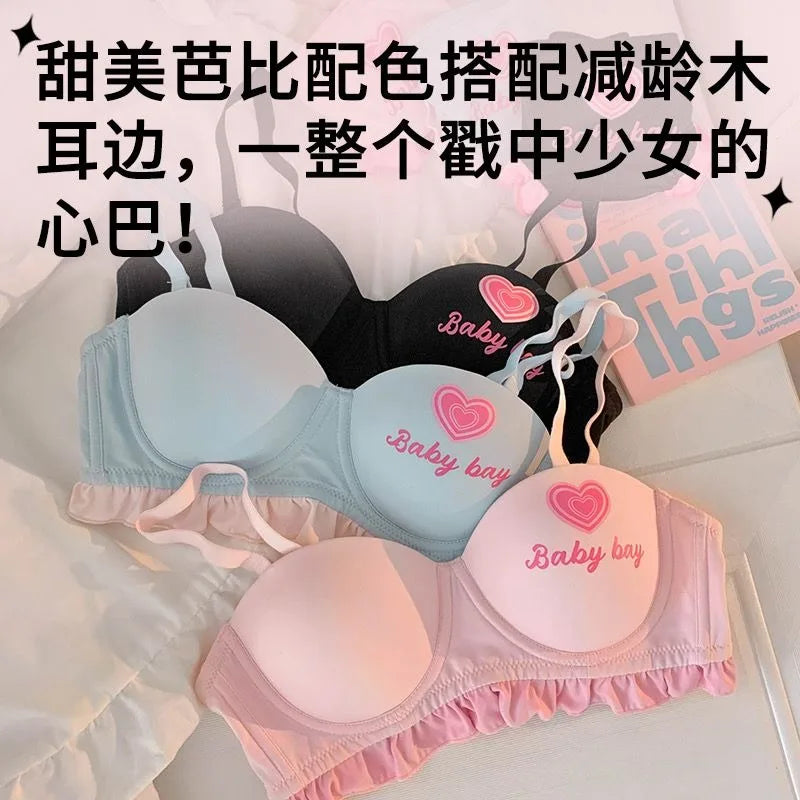 Kawaii Lolita Dessous Set Push-Up-BH, kabelloses gepolstertes Bralette für kleine Brust, süßes BH- und Höschenset im Barbie-Puppenstil MOYISU