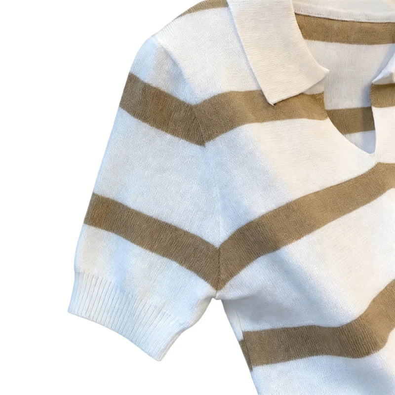 Rot-Weiß Gestreiftes Sommer-Strick-Poloshirt für Damen, Kurzarm-Hemd mit Kragen, Leichtes Elastisches Casual Tägliches Strick-Oberteil