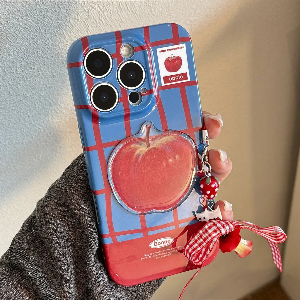Koreanische Karierte 3D Rote Apfel Handyhülle mit Kette für iPhone 17 Air 16 15 14 13 12 11 Pro Max XS XR X 8 Plus Stoßfeste Hartschale