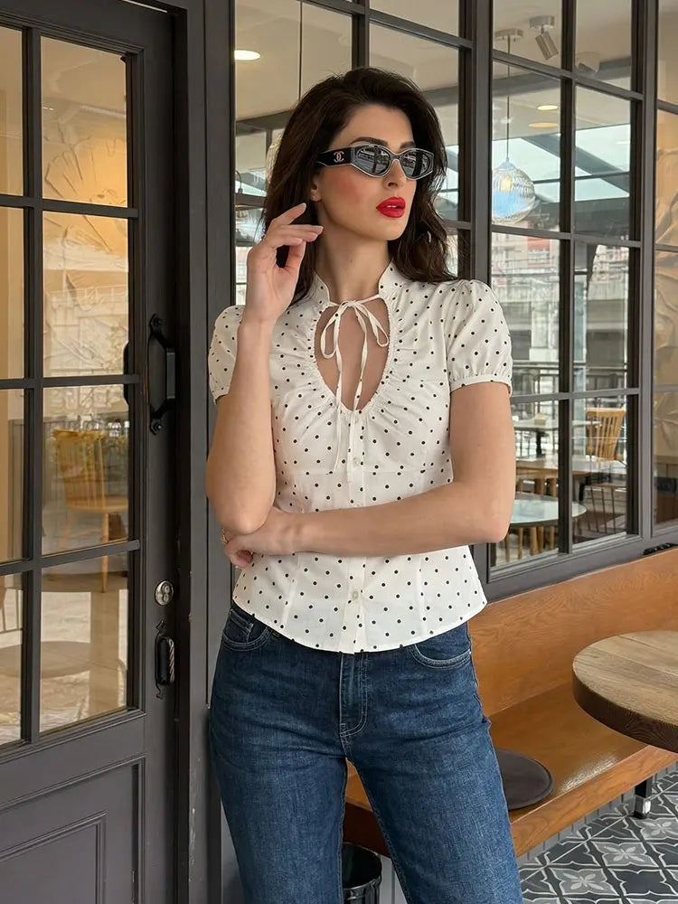 HH Damen Elegante Bluse mit Schleife und Schnürung Kurze Puffärmel Knopfleiste Sommer-Freizeithemd Gepunktetes Schickes Oberteil