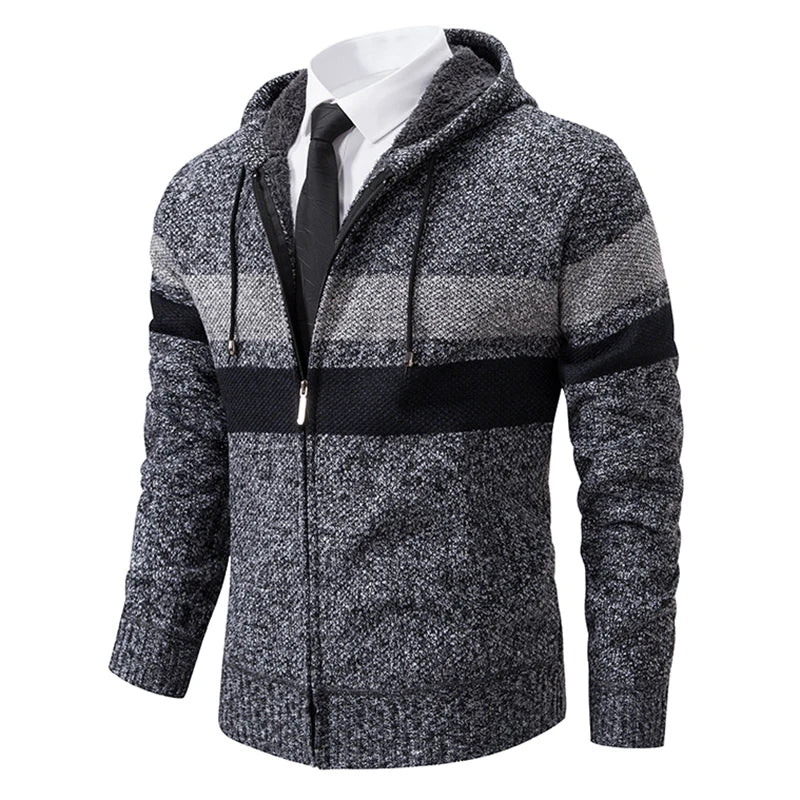 Mann Pullover Strickjacke Streifen Zipper Stricken Jacke Fleece Warme Mit Kapuze Pullover Mantel männer Straße Casual Männliche Jacke Mantel Jumper