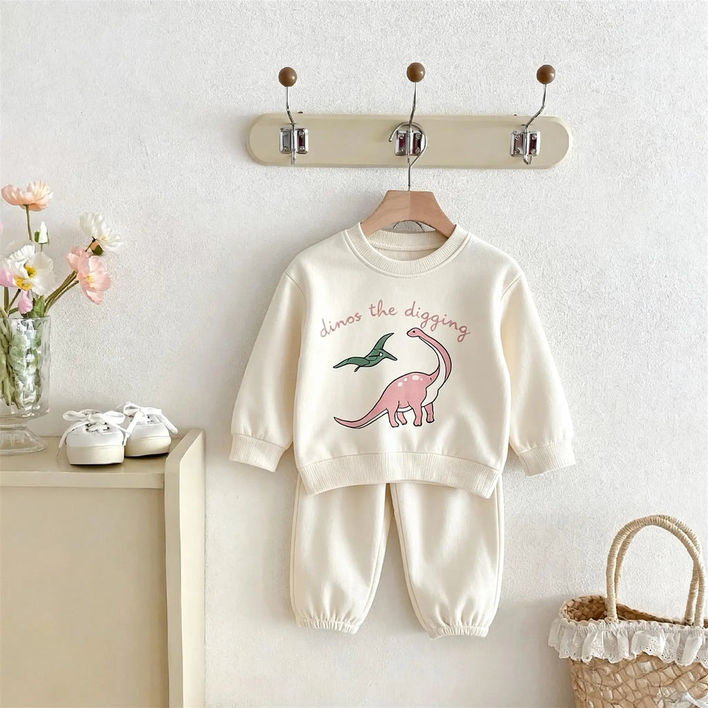 Dinosaurier-bedrucktes Baby-Sweatshirt-Set mit langen Ärmeln für Mädchen, Frühlings- und Herbstkleidung, Cartoon-Mode, zweiteilige Outfits für Kinder, Kinderset