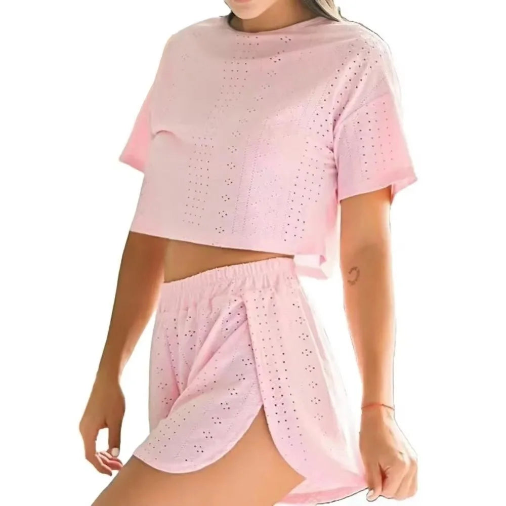 Neues Polyester-Pyjama-Set für Damen, atmungsaktives Loungewear-Set mit Lochmuster, bequemes Kurzarm-Oberteil und Shorts, lässig für den Freizeitgebrauch