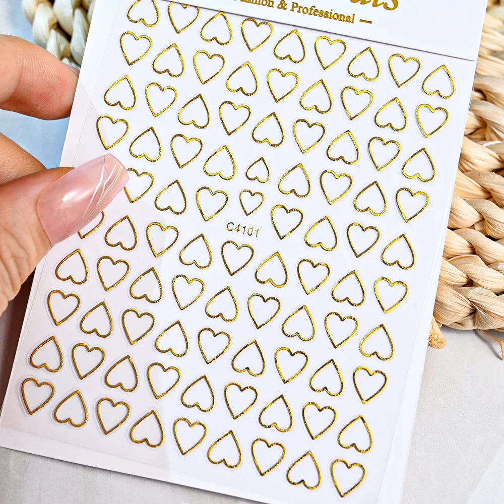 1Pc 3D Gold Silber Hohl Liebe Herz Nagel Aufkleber Weiß Schwarz Laser Herz Selbst-klebe Aufkleber Maniküre Dekoration spitze Sliders