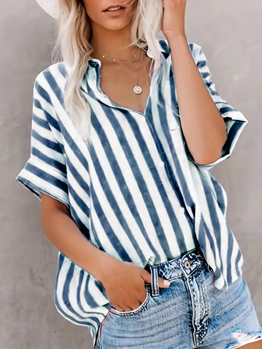Neueste Mode Damen Sommer-Outfits Lässiges Kurzarm-Hemd mit Vertikalen Streifen Knopfleiste Umlegekragen Lose Bluse Tops
