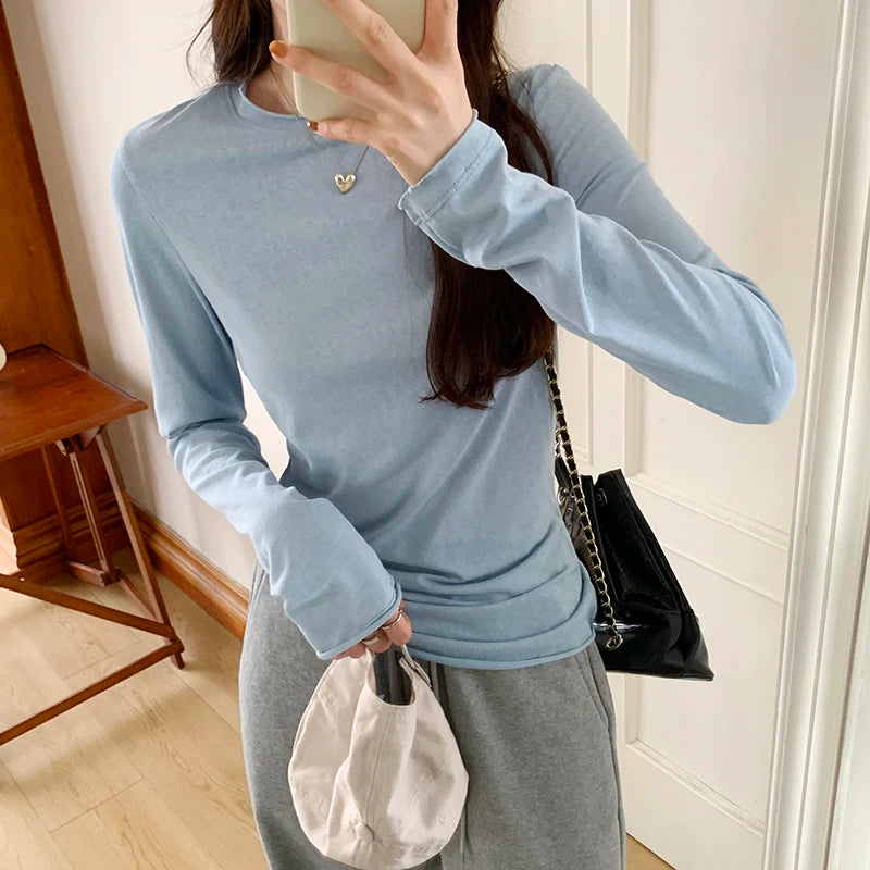 Frühling Herbst T shirt Frauen Tops Solide Langarm Geraffte O Neck T-shirts Weiblichen Koreanischen Casual Streetwear Hohe Qualität Basis Tees