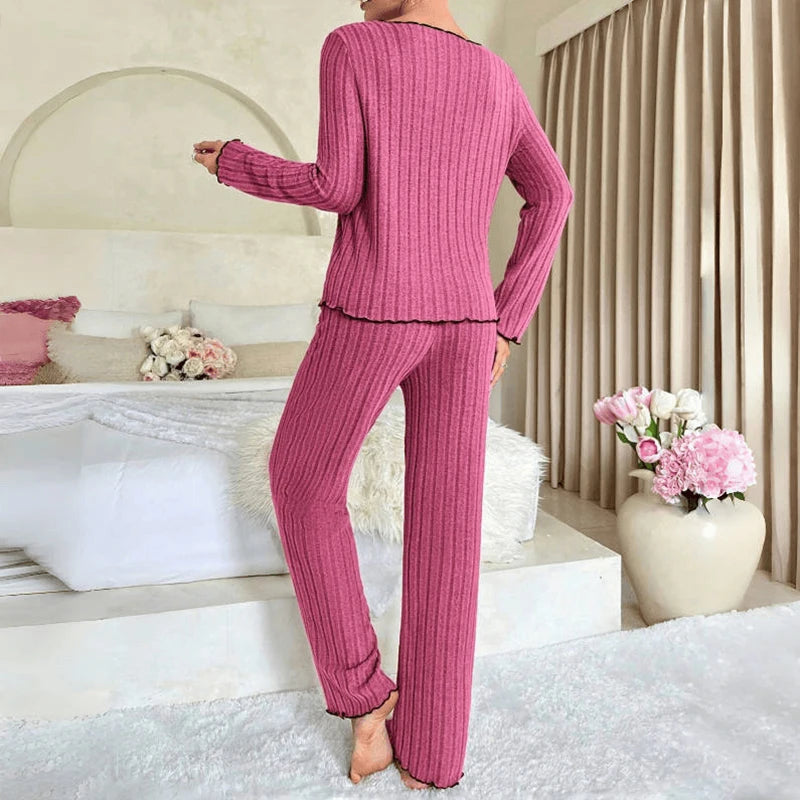 Damen-Herbst-Winter-Nachtwäsche, geripptes Pyjama-Set, langärmliges Oberteil und lange Hose, 2-teiliges Set, lässige Homewear, Loungewear